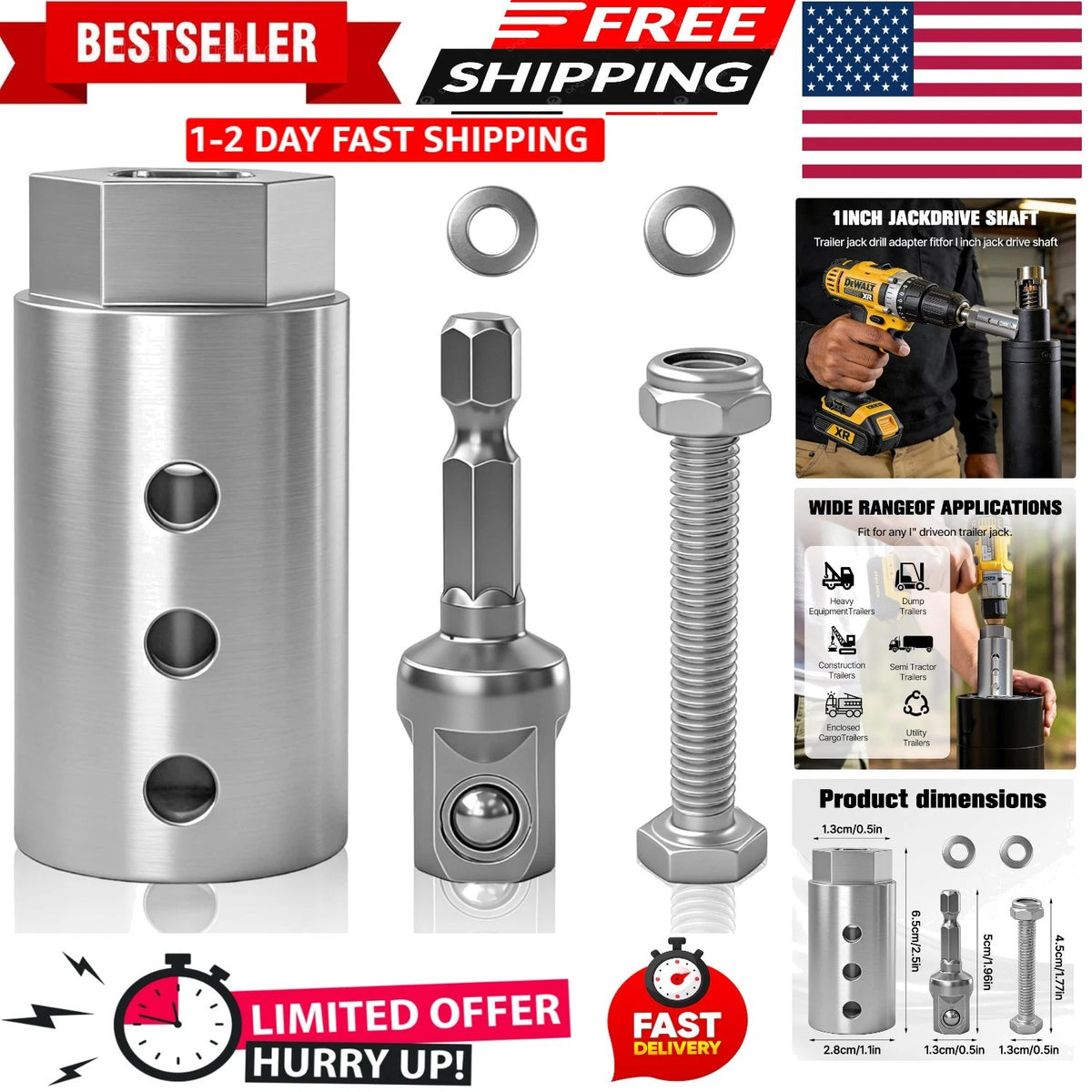 Trailer Jack Drill Adapter Kit for 1-Inch Drive Shafts (2-in-1 Design)