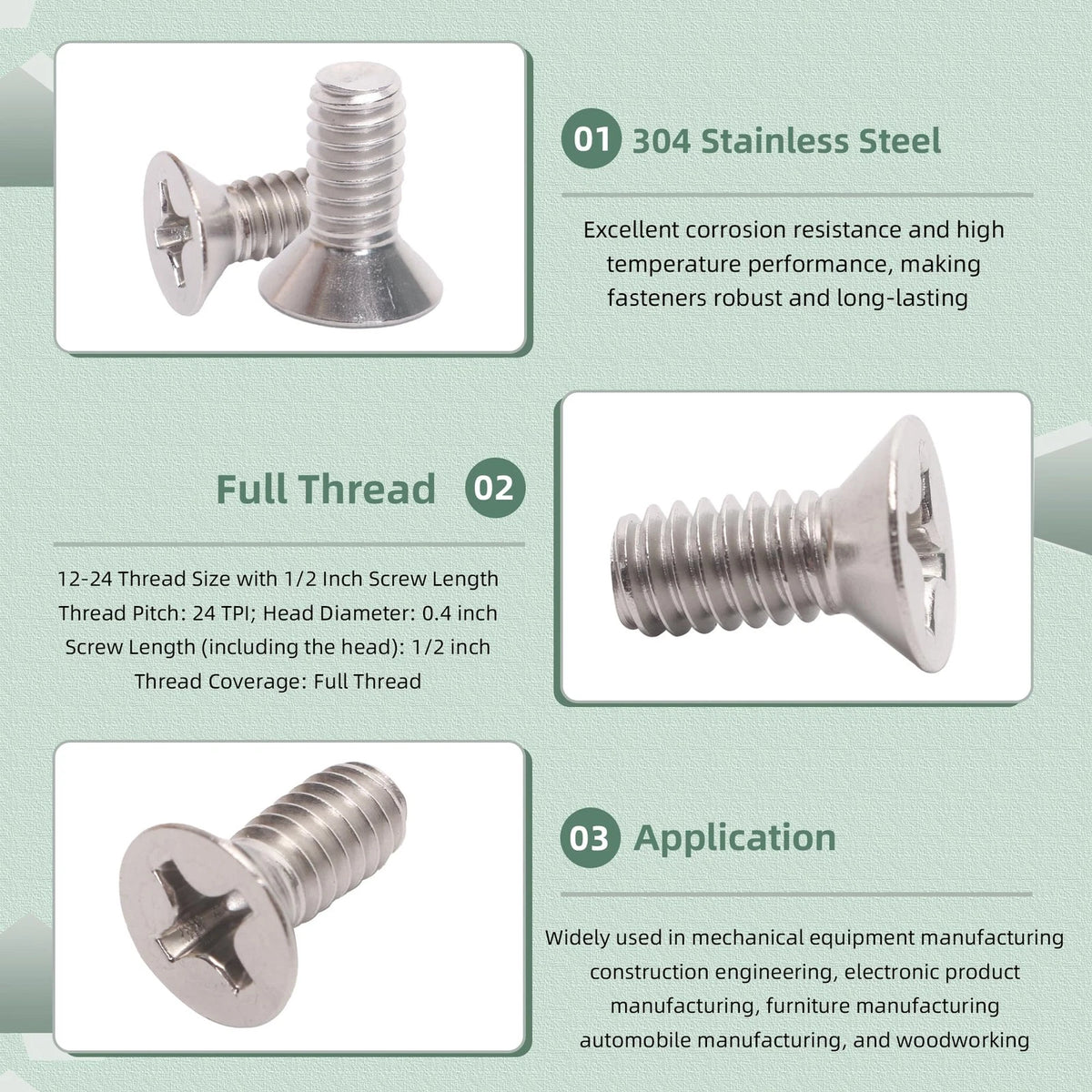 100 Pack 12-24 x 1/2" Silver Flat Head Machine Screws