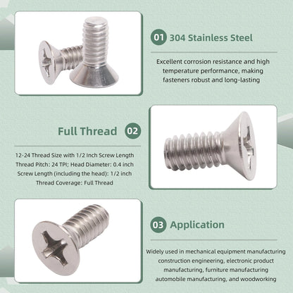 100 Pack 12-24 x 1/2" Silver Flat Head Machine Screws