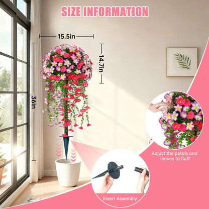 3FT Artificial Topiary Ball Tree with Pink Morning Glory Flowers