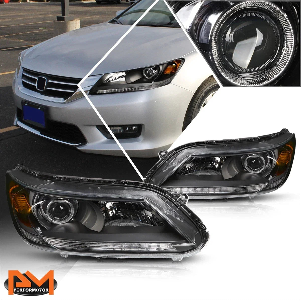 Projector Headlights for Honda Accord (2013–2015) Black Housing Amber Corner Pair