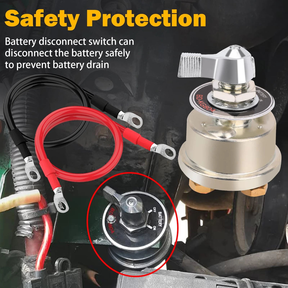 200A Battery Disconnect Switch with 4 AWG Cables for Car RV Truck Boat