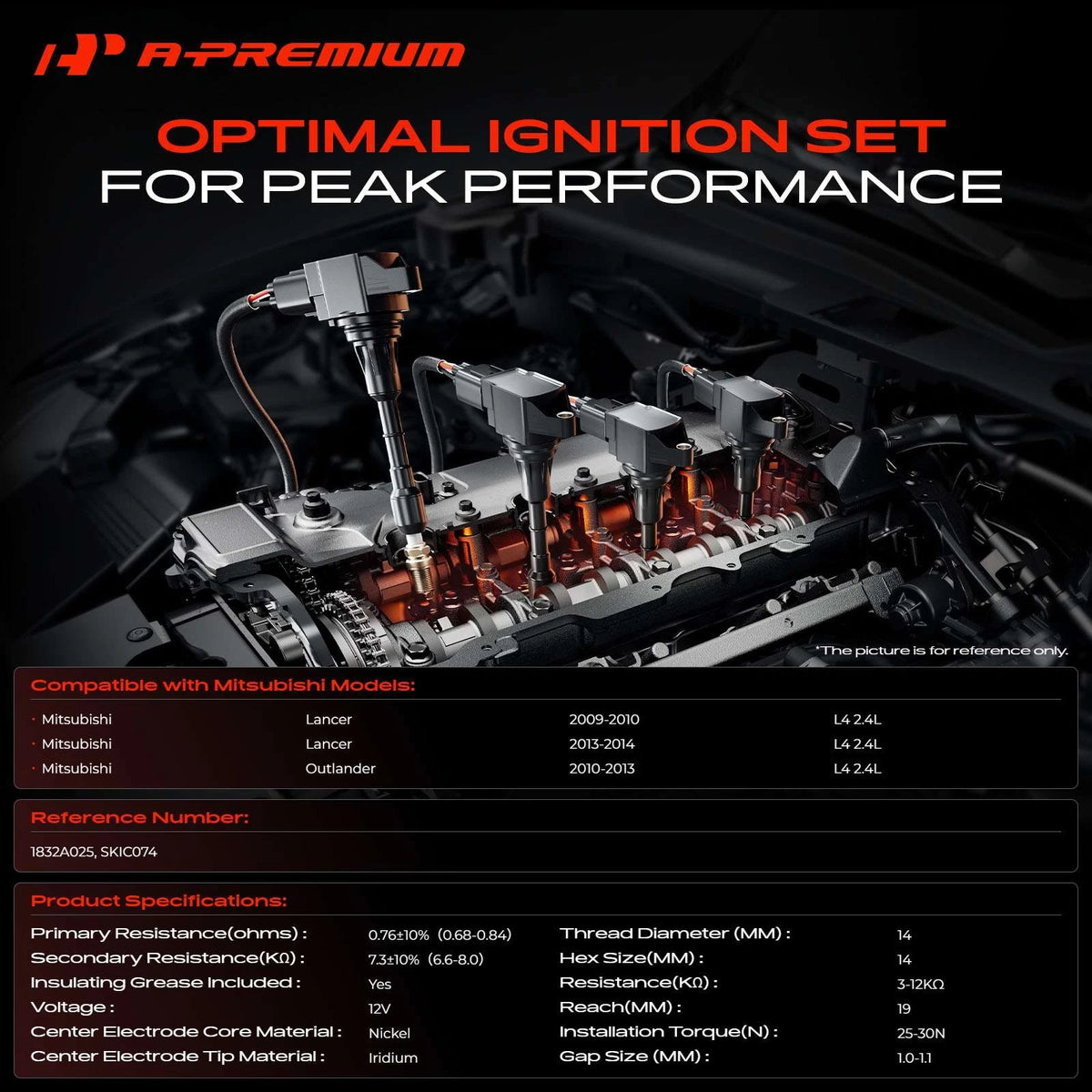 Set of 4 Ignition Coils & 4 Iridium Spark Plugs for Mitsubishi Outlander (1832A025, SKIC074)