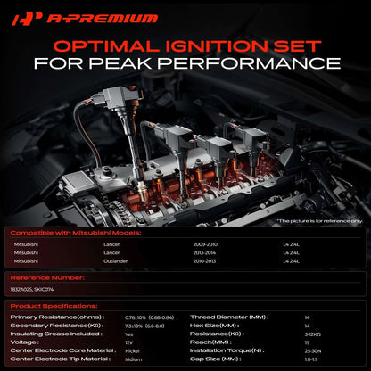 Set of 4 Ignition Coils & 4 Iridium Spark Plugs for Mitsubishi Outlander (1832A025, SKIC074)