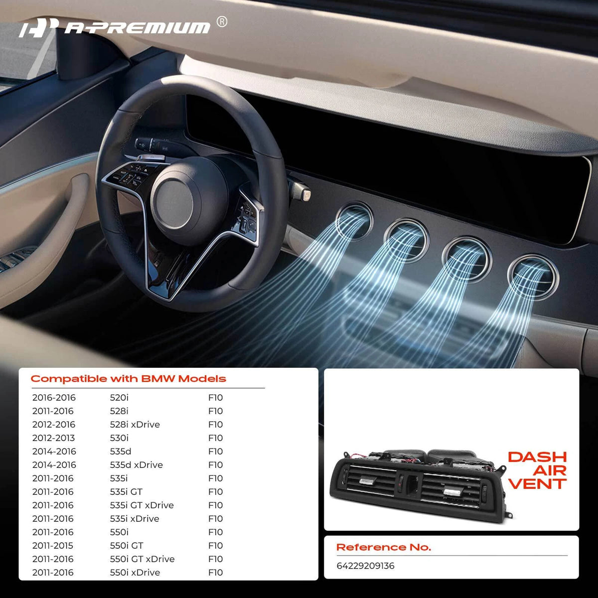Center Dash AC Heater Air Vent for BMW 5-Series F10 (64229209136)