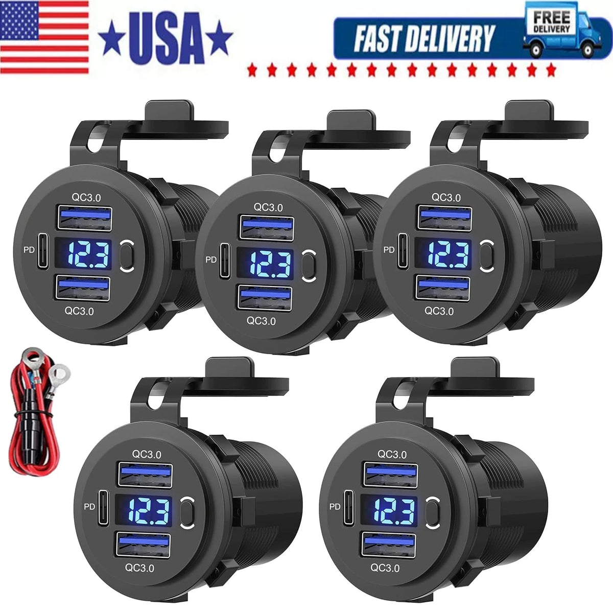 Dual USB Car Fast Charger Power Socket Outlet with LED Voltmeter (12V-24V)