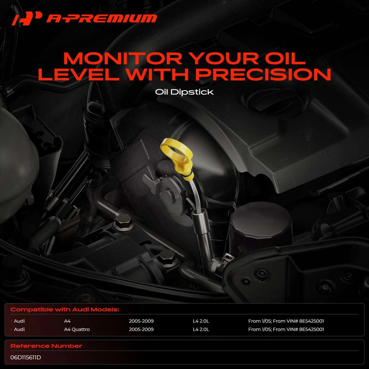 A-Premium Engine Oil Dipstick with Seal for Audi A4 A4 Quattro (2005–2009) 06D115611D