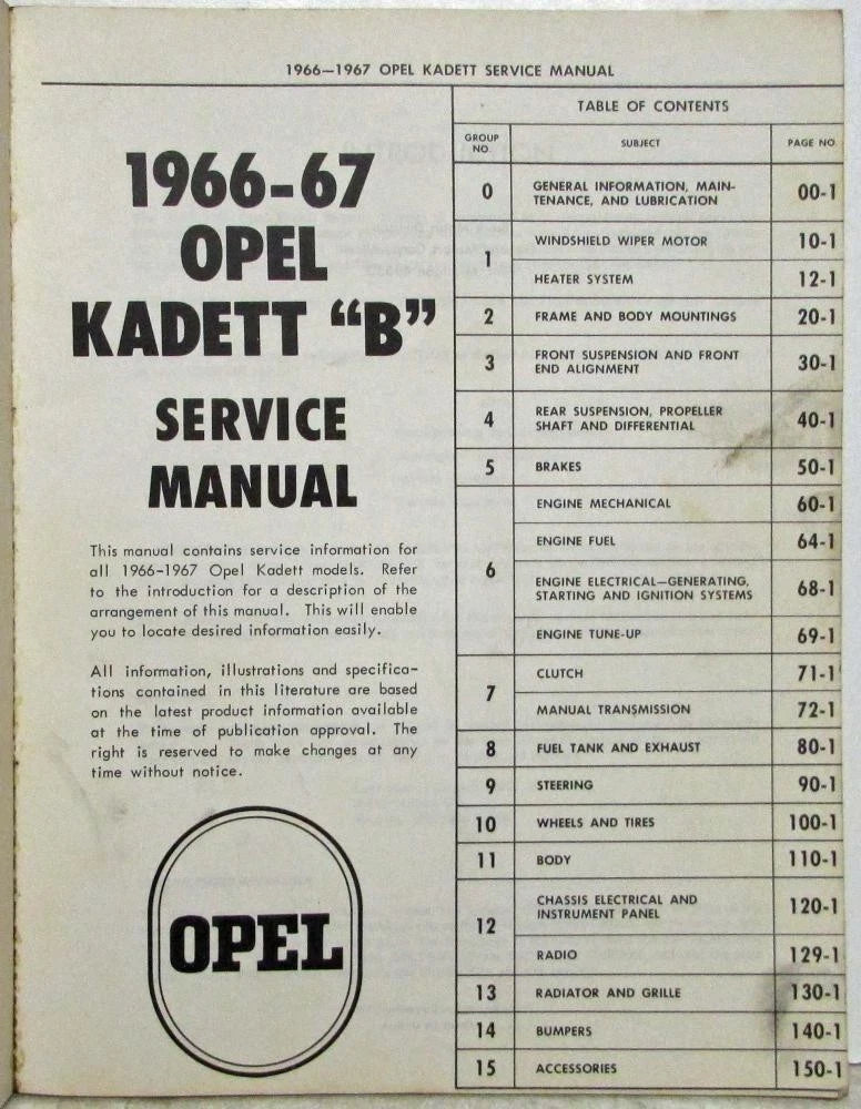 Service Shop Repair Manual for Opel Kadett B (1966–1967)