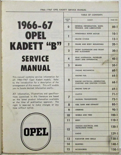 Service Shop Repair Manual for Opel Kadett B (1966–1967)