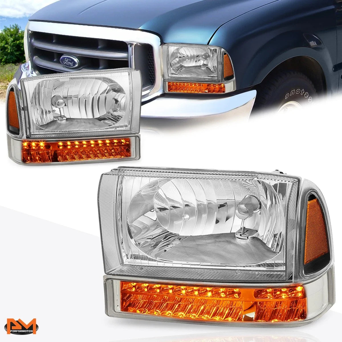 Headlight with Turn Signal Lamp for Ford F-250/350 (1999–2004) Chrome Housing