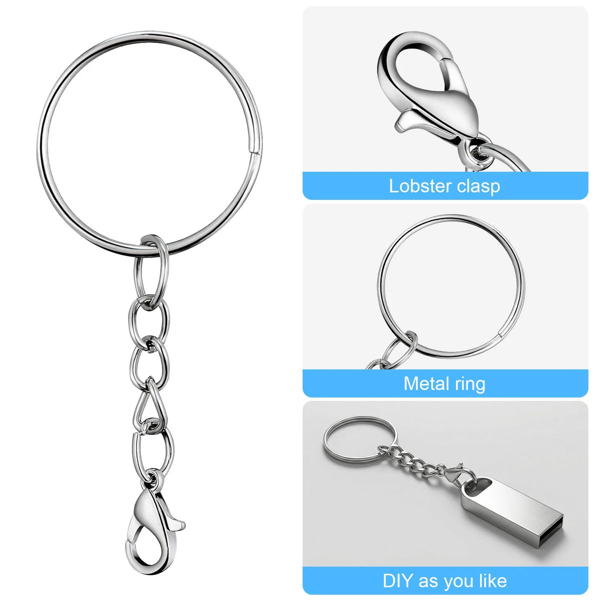 105PCS Metal Keychain Rings with Chain & Lobster Clasp for DIY Crafts