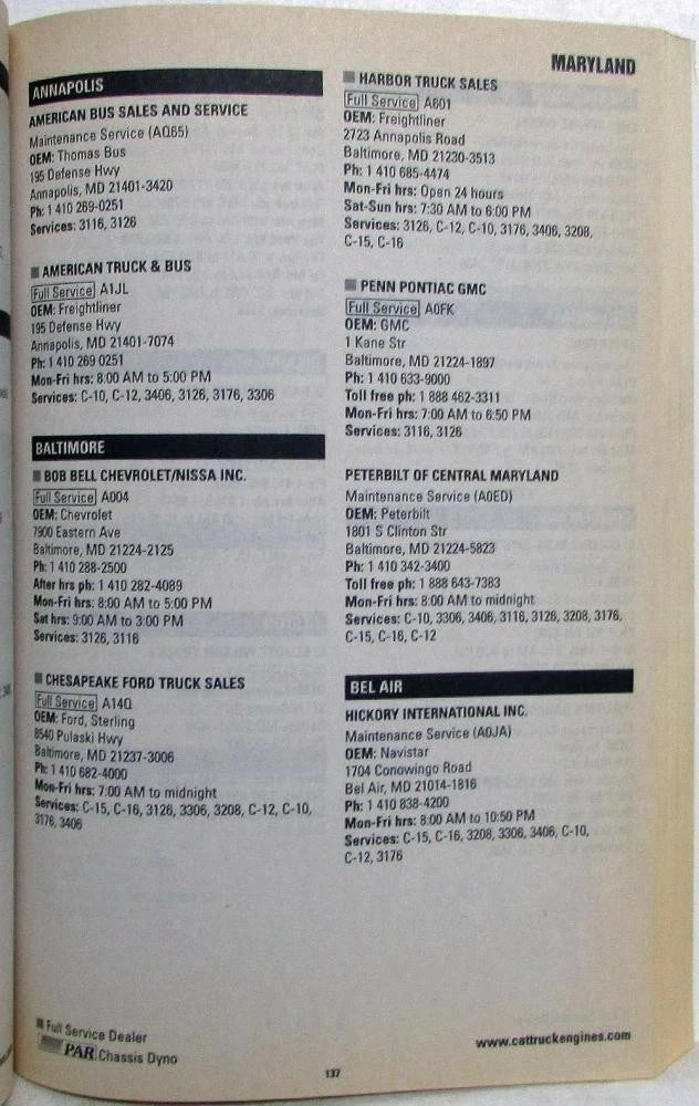 Caterpillar Truck Engine Parts and Service Directory for Caterpillar (2000–2001)