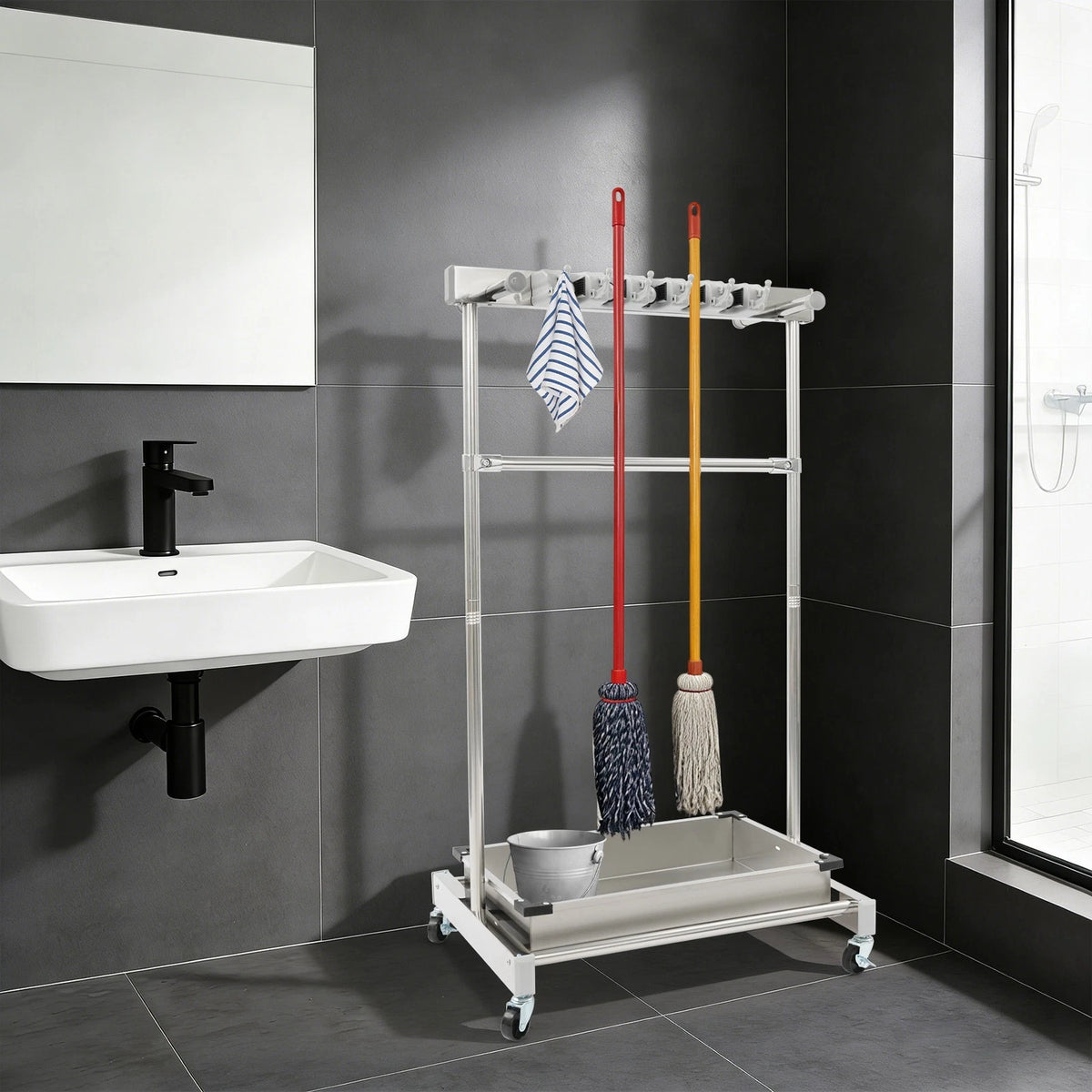 12 Hooks Mobile Mop Rack for Garden Garage Schools