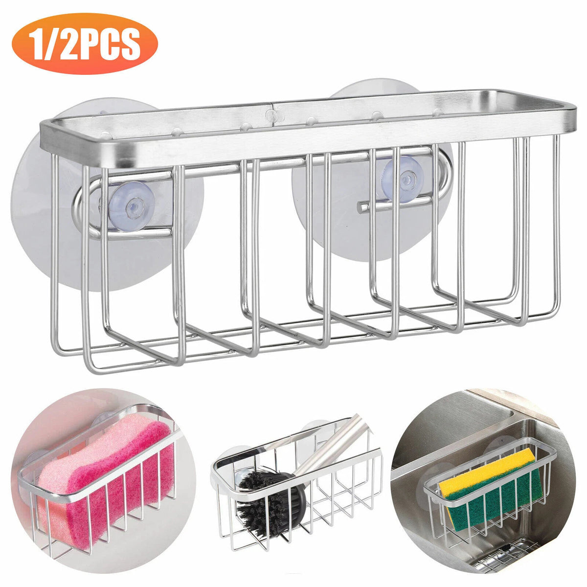 Sponge Holder for Kitchen Sink with Suction Cup Stainless Steel Caddy