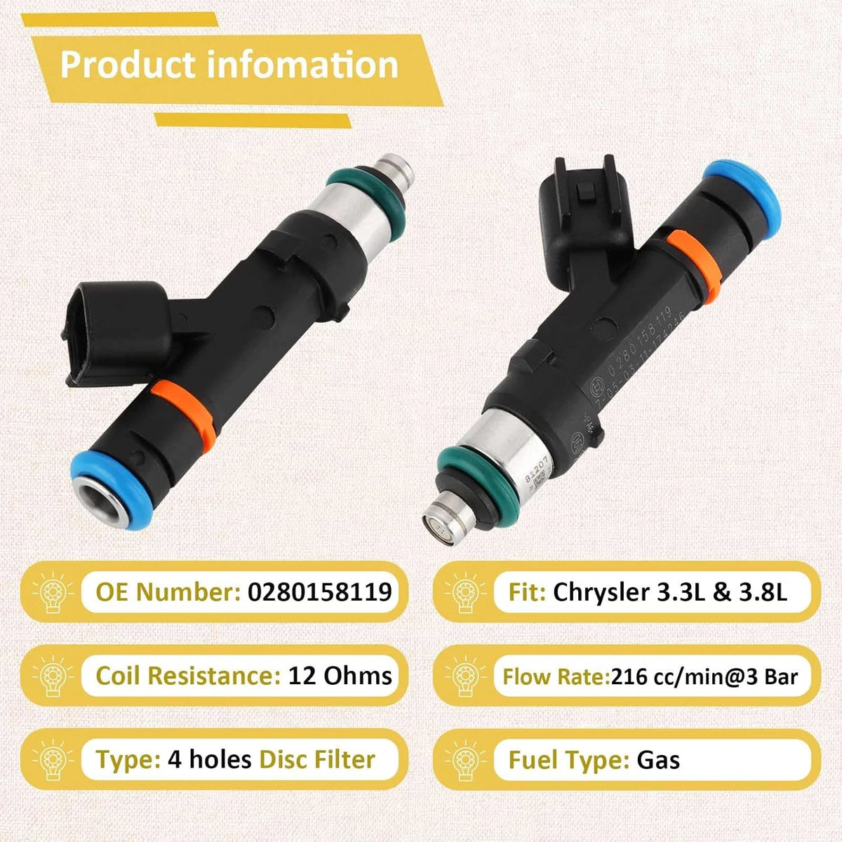 2X Fuel Injectors for Jeep Wrangler 3.8L (2007–2011) 0102MPFJ8119