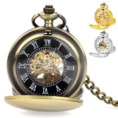 Skeleton Pocket Watch with Chain for Men - Roman Numerals Dial