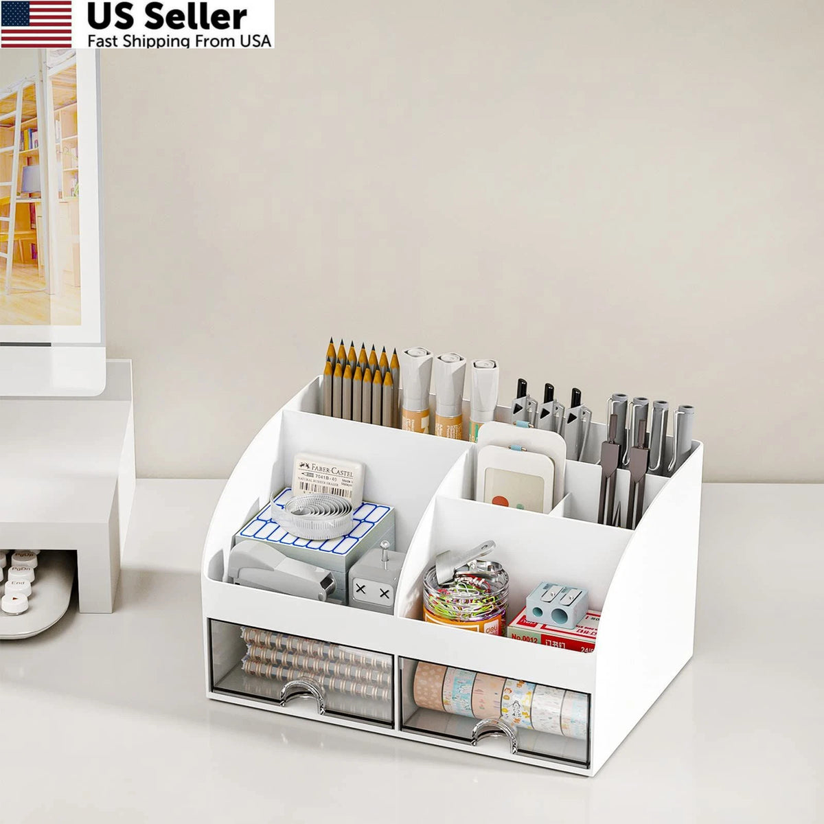 Desk Organizer with 6 Compartments and 2 Drawers for Home Office