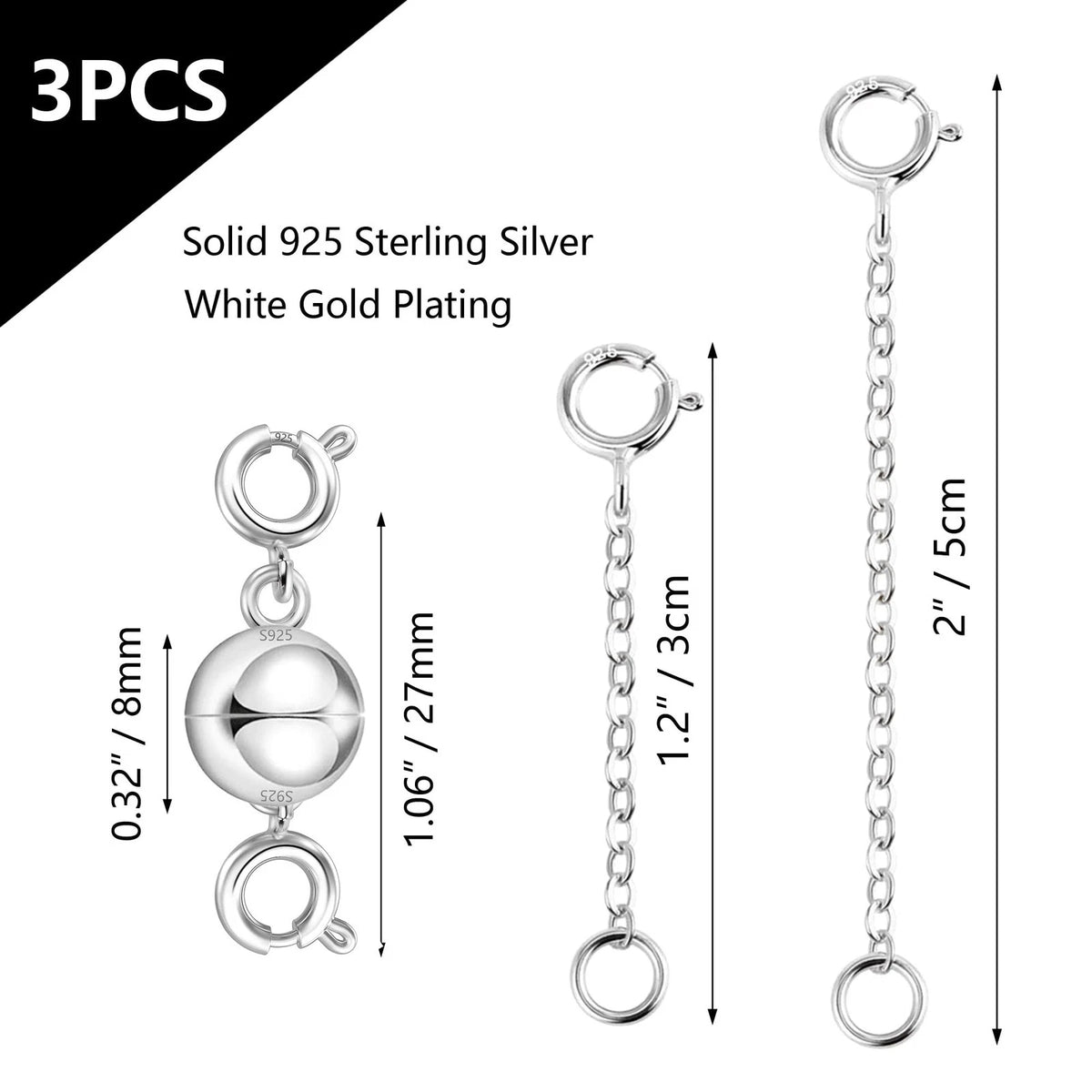 3X Silver Necklace Extender, 925 Sterling Magnetic