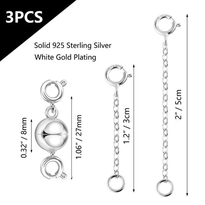 3X Silver Necklace Extender, 925 Sterling Magnetic