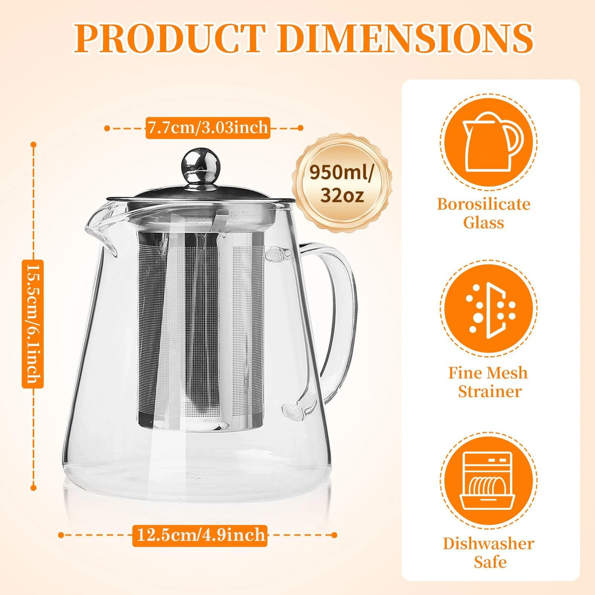 Glass Teapot with Stainless Steel Infuser for Tea Brewing (950ML)