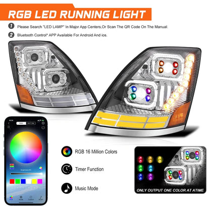 RGB LED DRL Switchback Signal Projector Headlights for Volvo VN VNL (2018–2024)