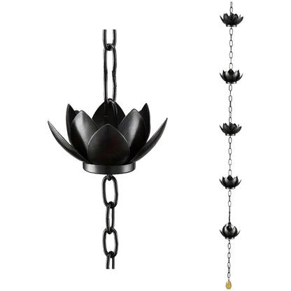 Lotus Design Rain Chain for Outdoor Garden (130cm, Iron, Black)