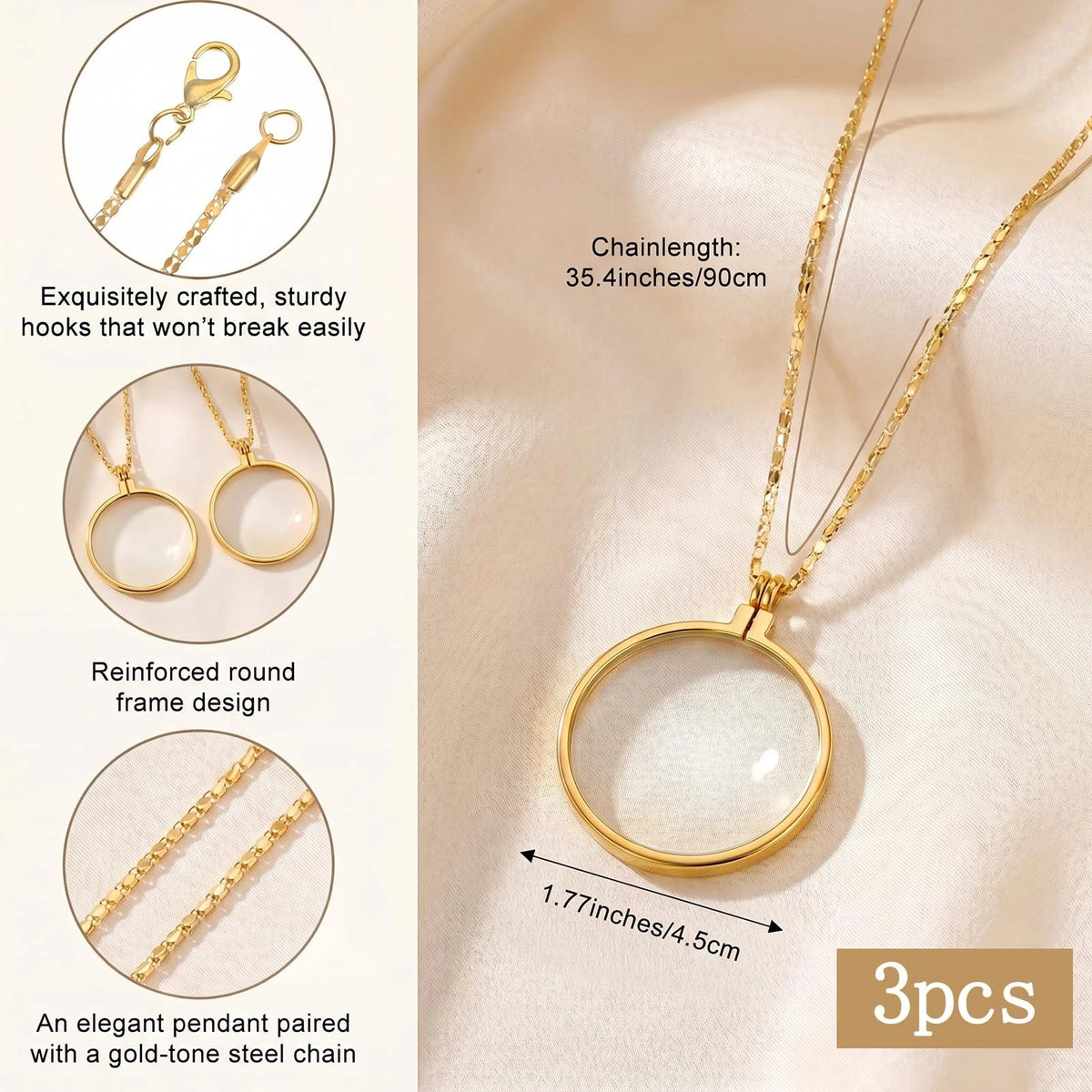 3X Magnifying Glass Necklace Monocle 5X Magnifier