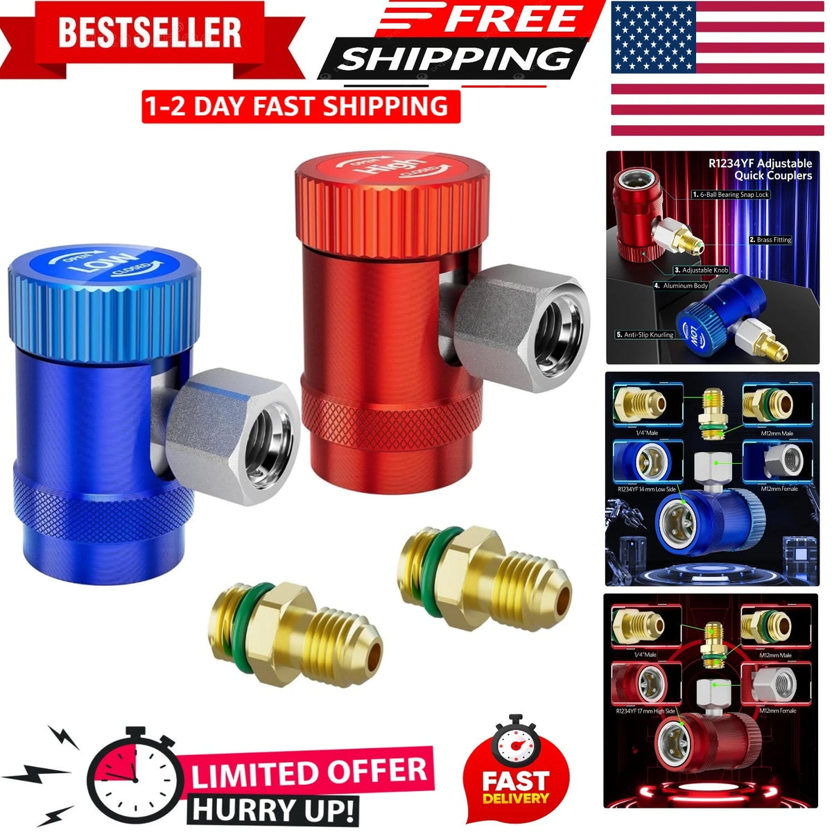 Set of 2 R1234yf Quick Couplers for AC Refrigerant Manifold Gauge Adapters