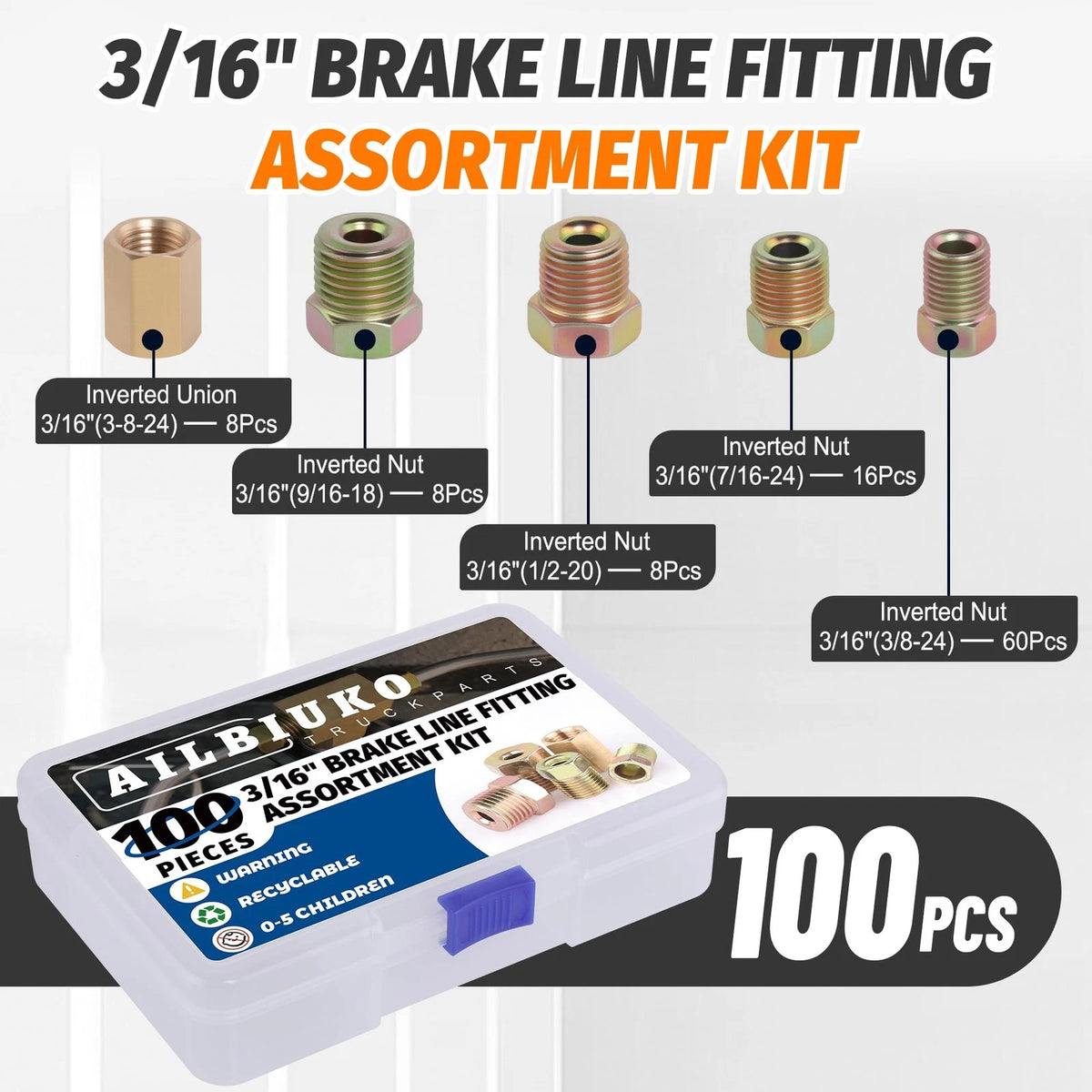 100Pcs Brake Line Fittings Assortment Kit 3/16" for Universal Use