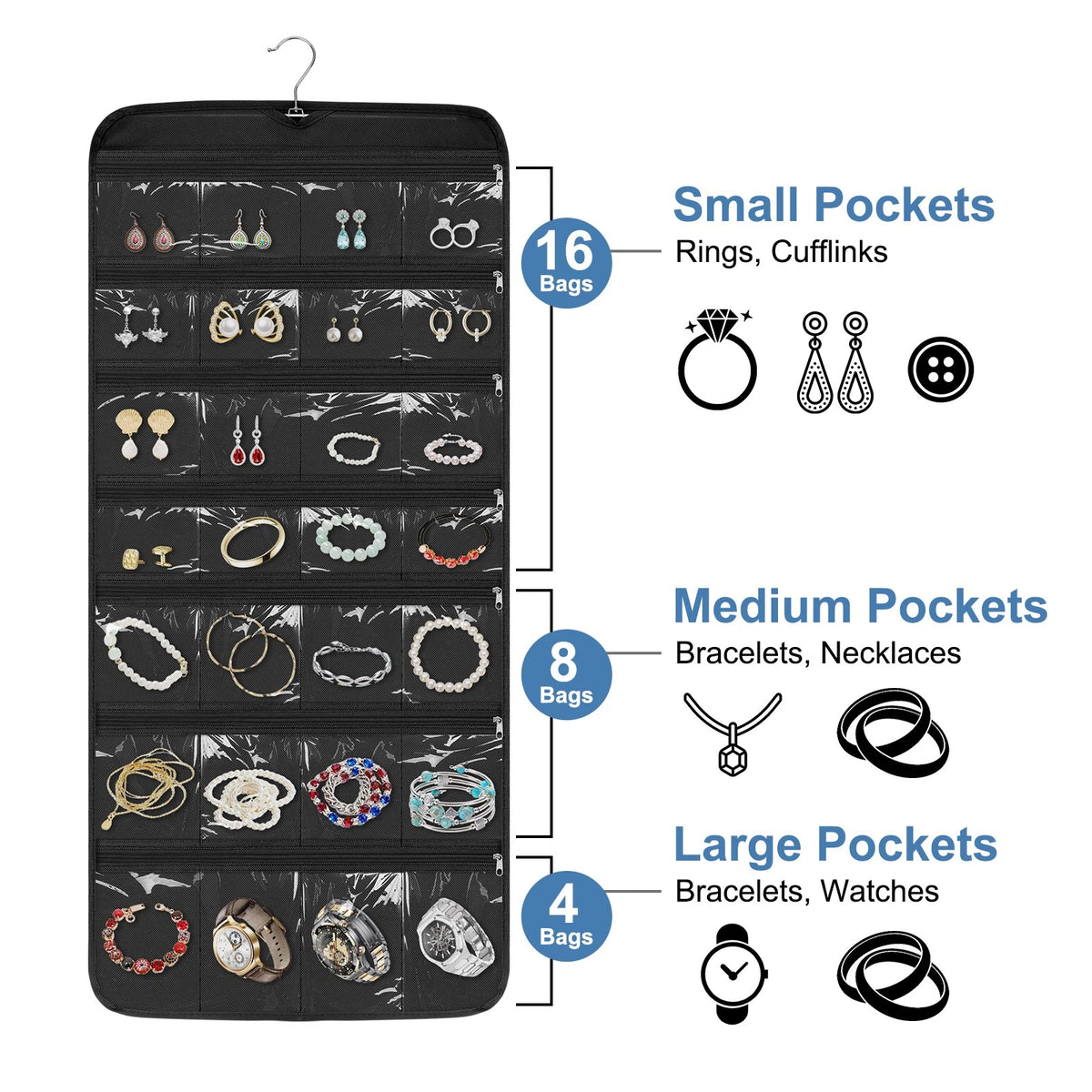 42 Pockets Hanging Jewelry Organizer Bag with Zipper & Hooks