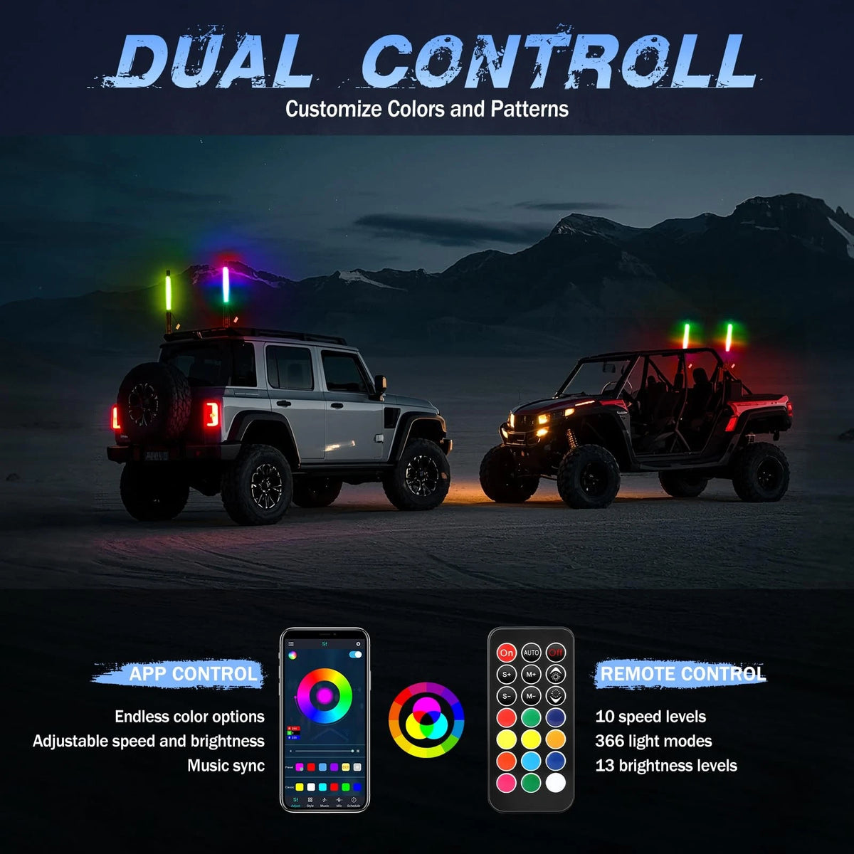 2X 1FT RGB LED Whip Lights with App & Remote for UTV ATV (2010–2023)