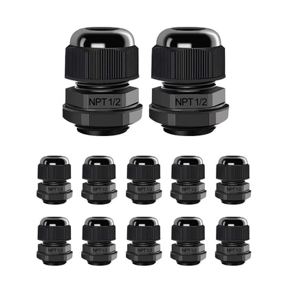 12X 1/2" NPT Cable Glands Nylon PA66, IP68, Black