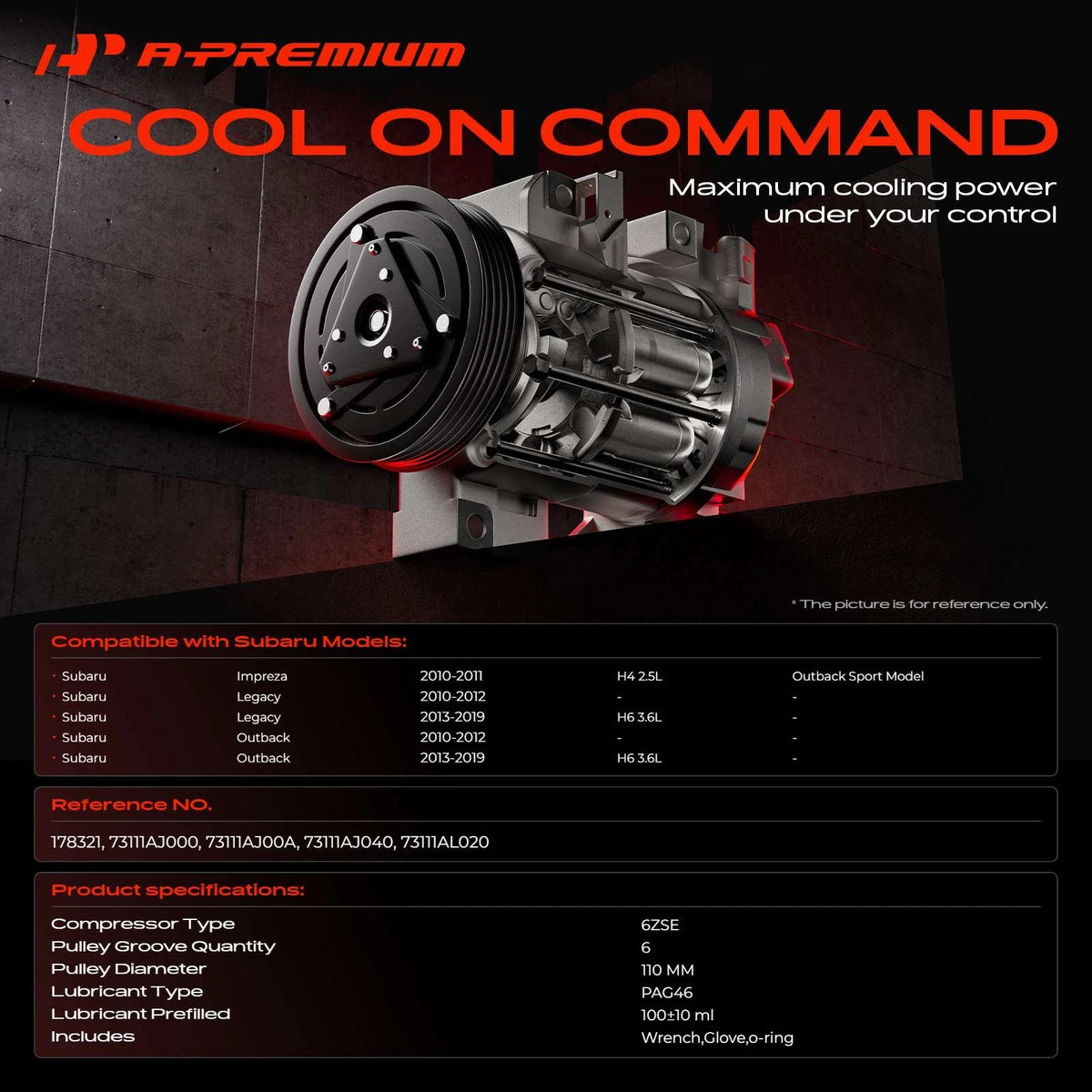A/C Compressor with Clutch for Subaru Legacy Outback Impreza (2010–2019) 73111AJ000, 73111AJ00A, 73111AJ040, 73111AL020, 178321
