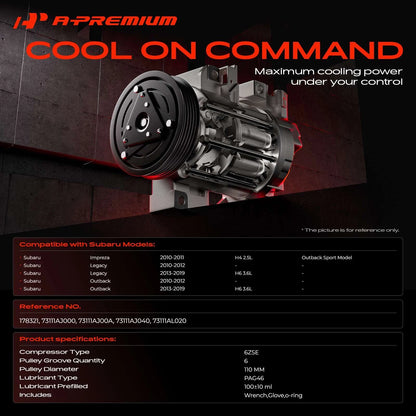 A/C Compressor with Clutch for Subaru Legacy Outback Impreza (2010–2019) 73111AJ000, 73111AJ00A, 73111AJ040, 73111AL020, 178321