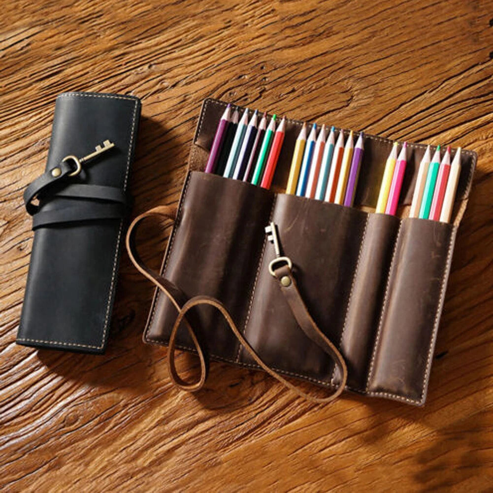 Leather Deluxe Rolling Pencil Case for Simple Holder Storage Bag
