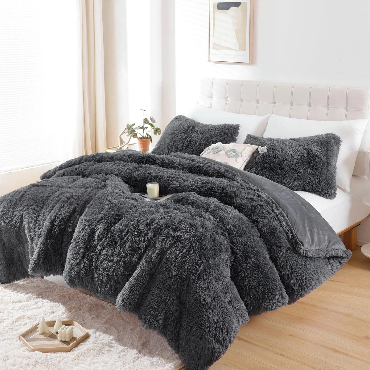 Comforter Set for Queen Size Bed (Faux Fur, Dark Grey)