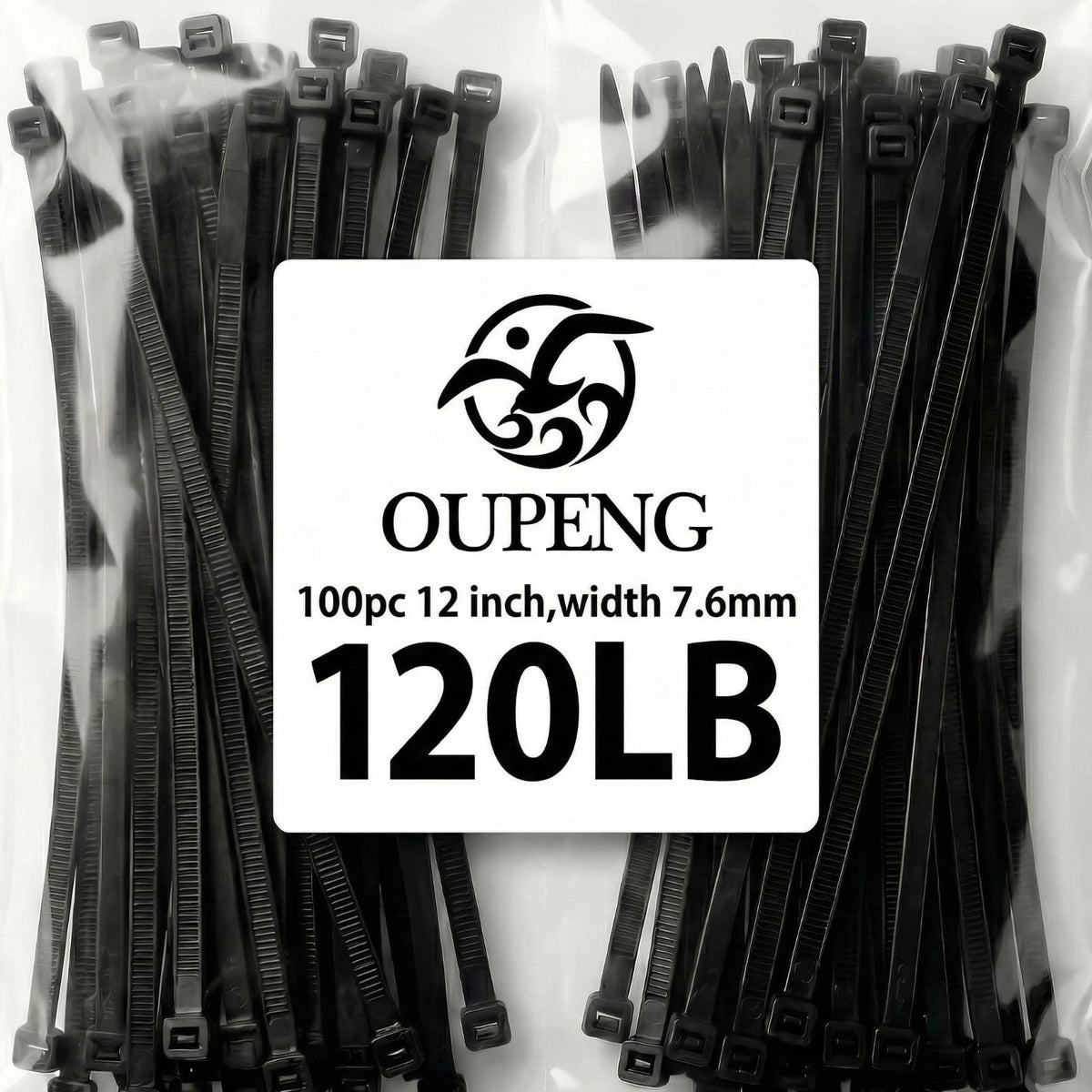 Set of 100 Heavy Duty 12" Zip Ties, 120 lb, Black