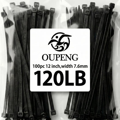 Set of 100 Heavy Duty 12" Zip Ties, 120 lb, Black