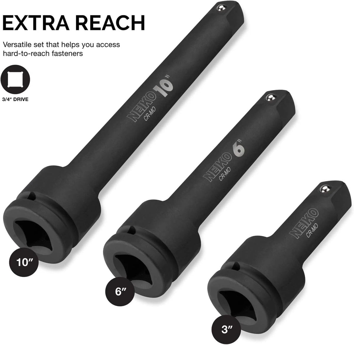 Set of 3 Impact Extension Bars for 3/4-Inch Drive (4", 6", 10")
