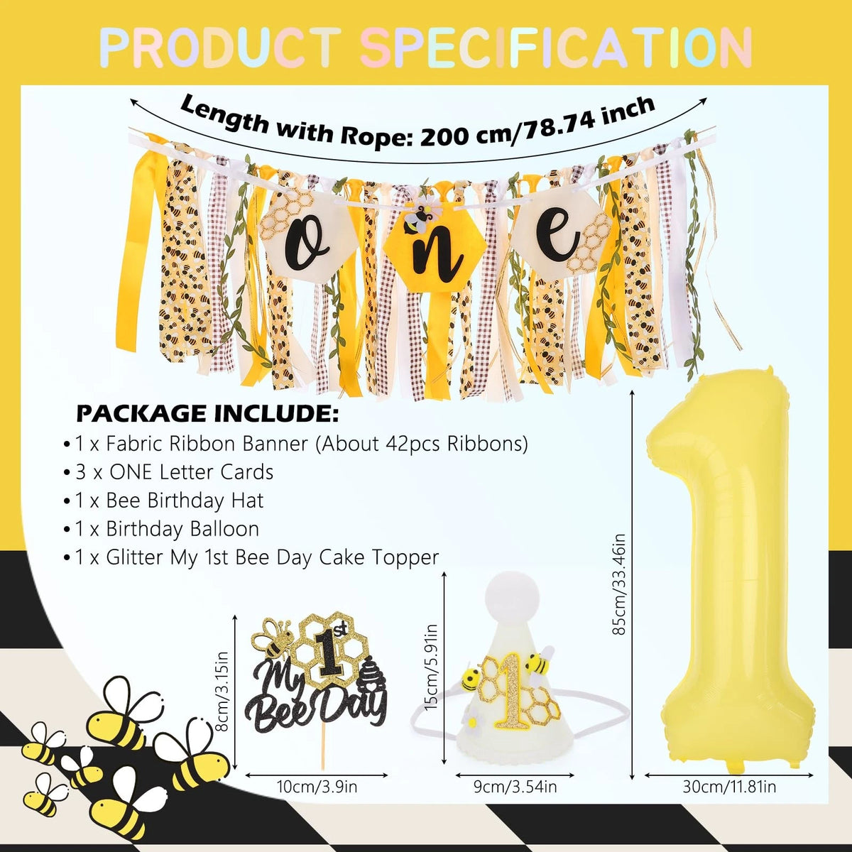 Happy 1st Bee Day High Chair Banner for First Birthday (2023)