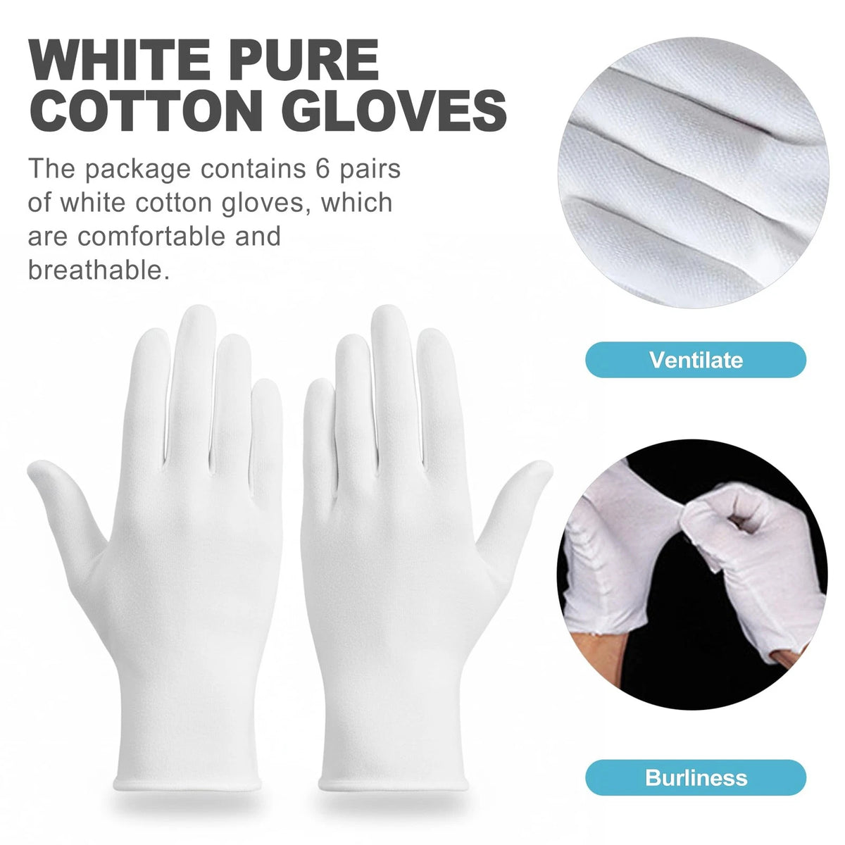 6 Pairs White Cotton Gloves for Jewelry & Art Handling (Medium)