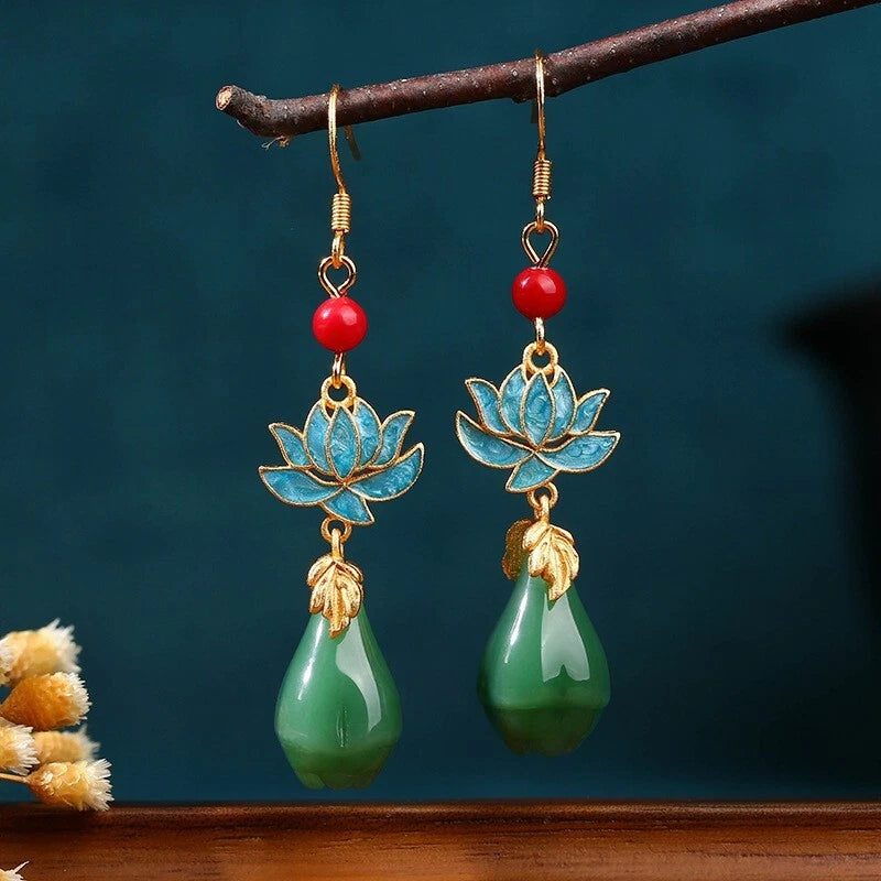 Set of 2 Jade Dangle Drop Earrings Gemstone Flower Gold Plated