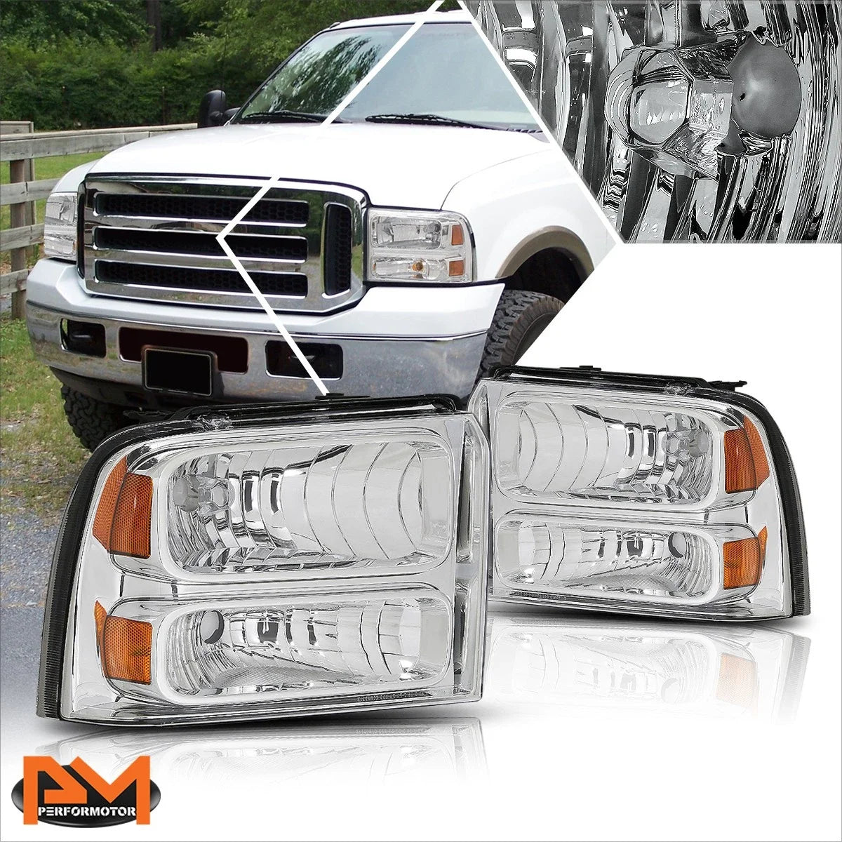 Chrome Housing Headlight Amber Corner Lamps for Ford F250/F350 (2005–2007)