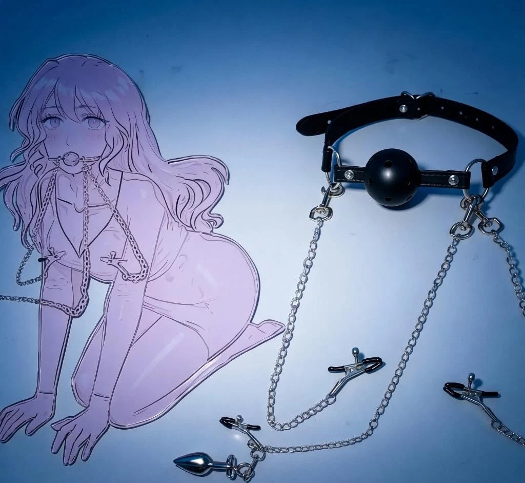 Vented Mouth Ball Gag with Nipple Clamps & Anal Toy Kit for BDSM