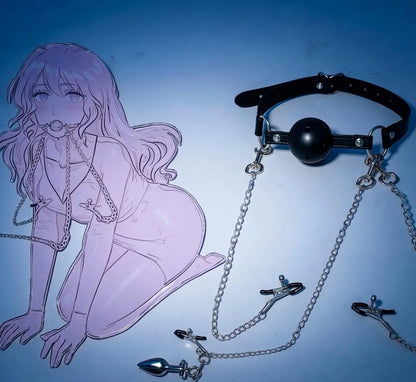Vented Mouth Ball Gag with Nipple Clamps & Anal Toy Kit for BDSM