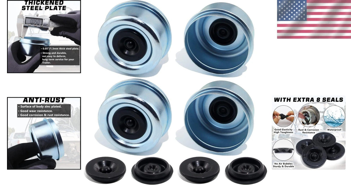 Set of 4 High-Performance 2.72" Trailer Hub Dust Caps with Rubber Plugs