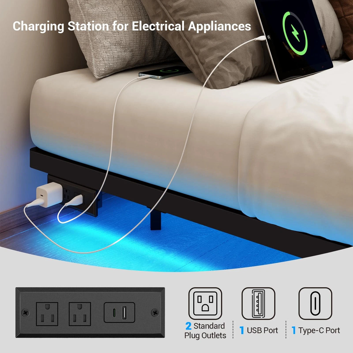 Floating Metal Bed Frame with Smart LED Lights and Charging Station