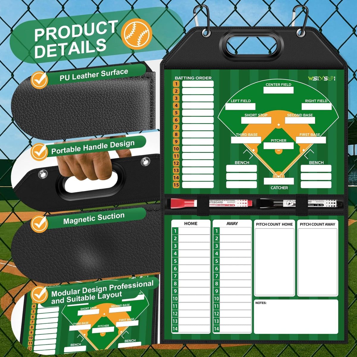 Magnetic Baseball Lineup Board for Dugout (12"W x 1"H, Black)