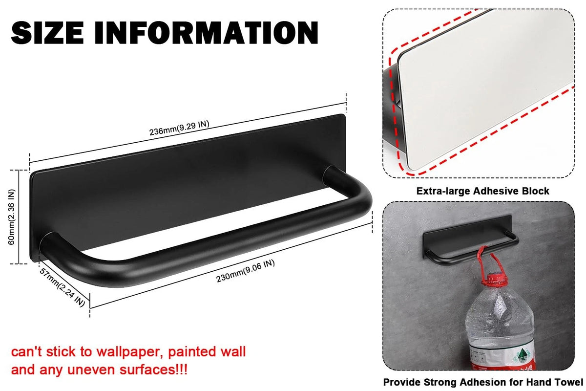 Self Adhesive Hand Towel Holder for (9 inches, Black)
