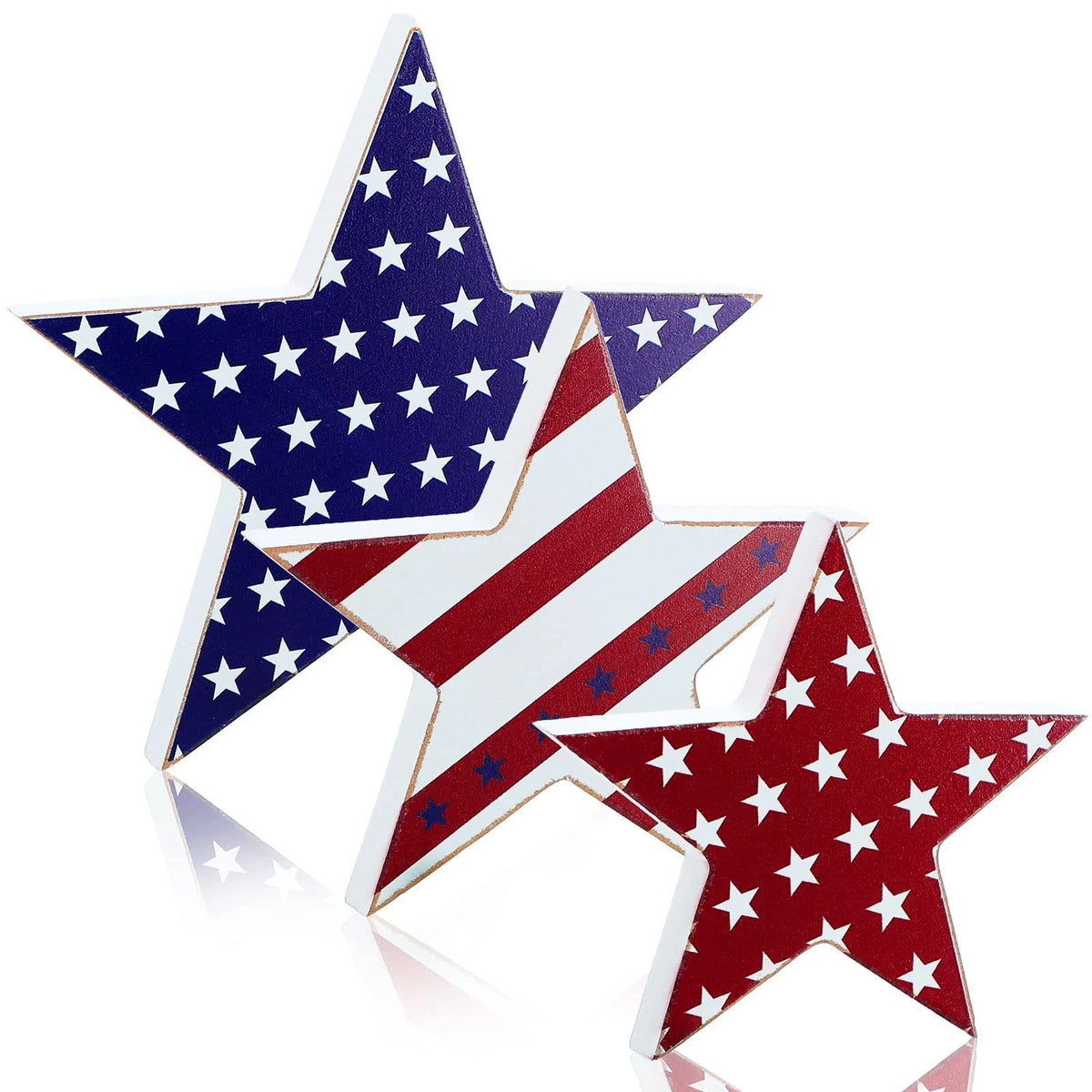 3 Pcs Wooden Stars Decorations for Table (4th of July, Memorial Day)